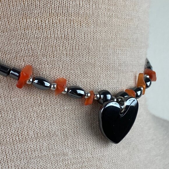 Hematite Heart Pendant & Bead Necklace Carnelian Crystal Chip Bead 15" - Picture 3 of 6